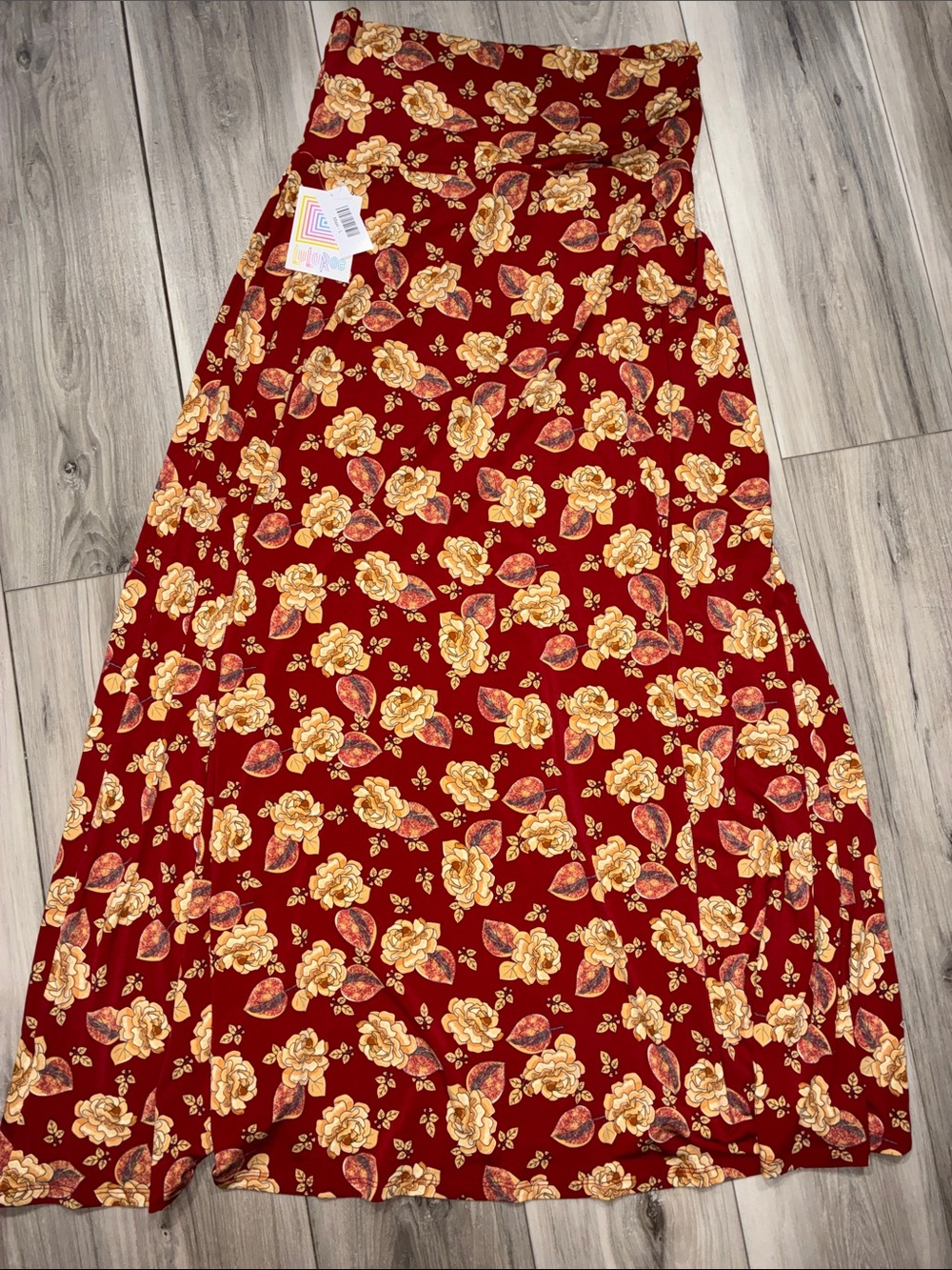 🩵 LuLaRoe Burgundy Maxi Skirt with Gold Floral Print
